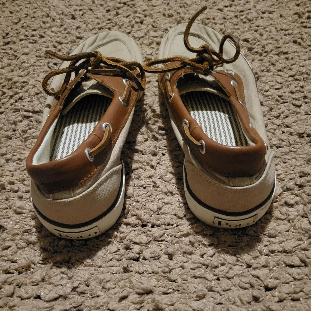 MENS RALPH LAUREN POLO RYLANDER BOAT CANVAS LEATHER UPPER SHOES KHAKI SZ 9.5D
